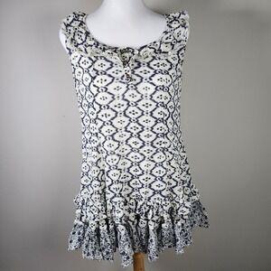 ALEKA KEY Mini Tank Dress Womens 8 Black White Aztec BOHO Festival Ruffle Cotton